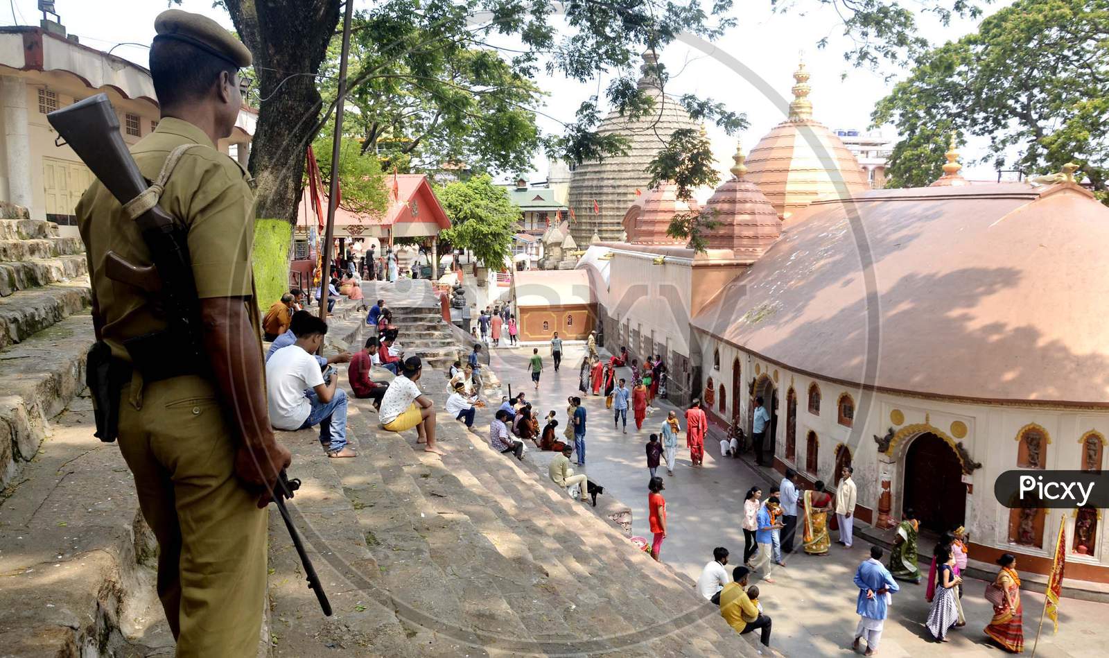 A Security person stand guard  the Kamakhya