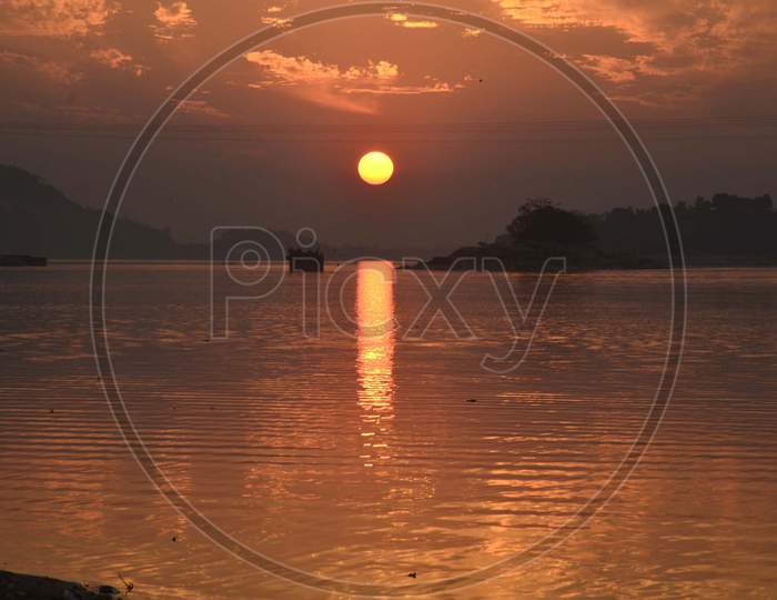 A view of sunset in river Brahmaputra