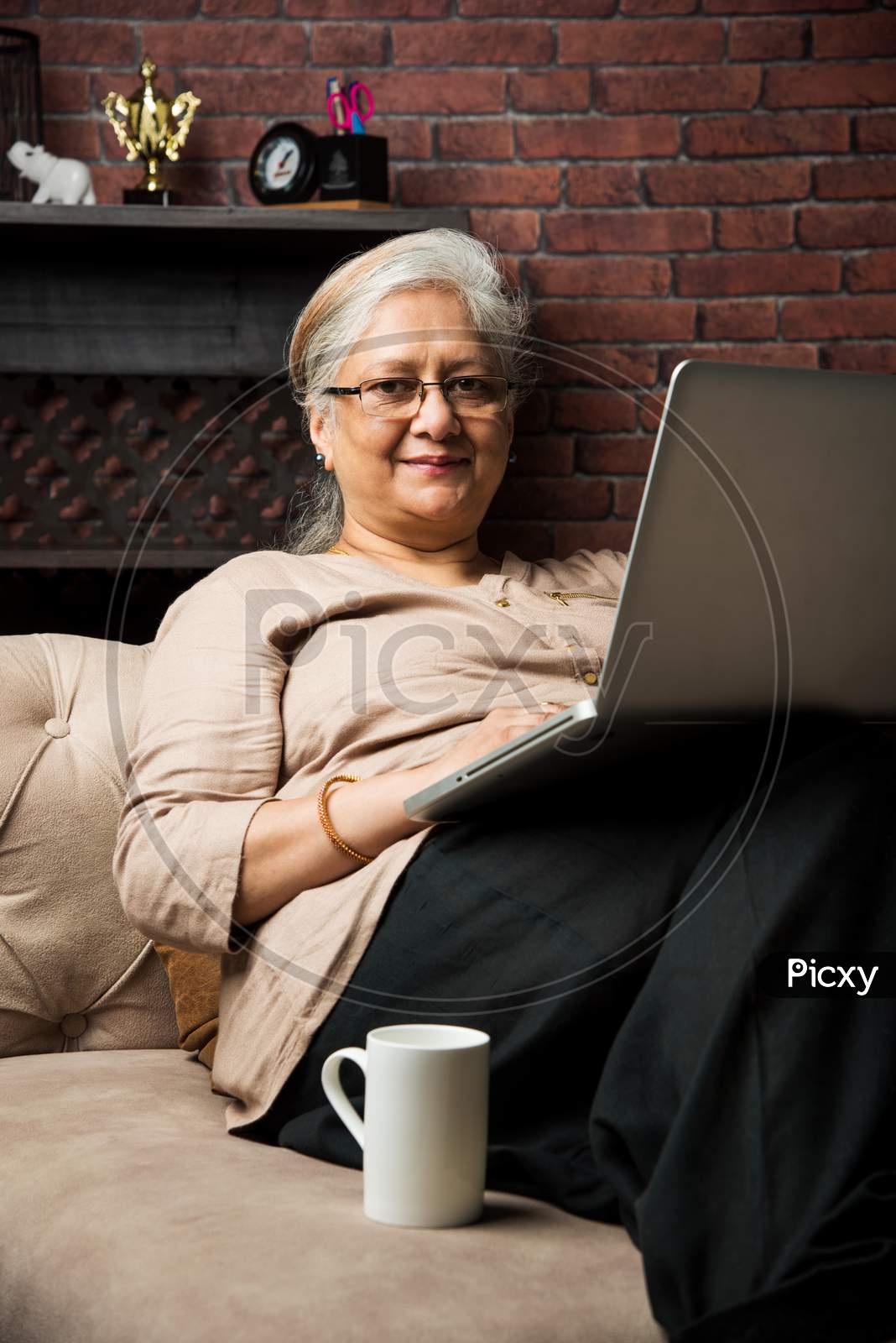 cute Senior indian/asian lady sitting on recliners chair or sofa reading book or using tab or laptop computer