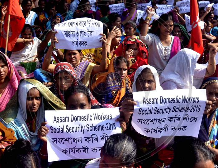 Members of All Guwahati Domestic Worker Union staging a protest