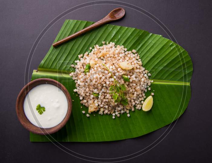 Sabudana Khichadi Or Khichdi served over coconut leaf