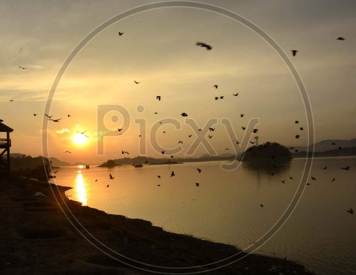 A view of sunset in river Brahmaputra
