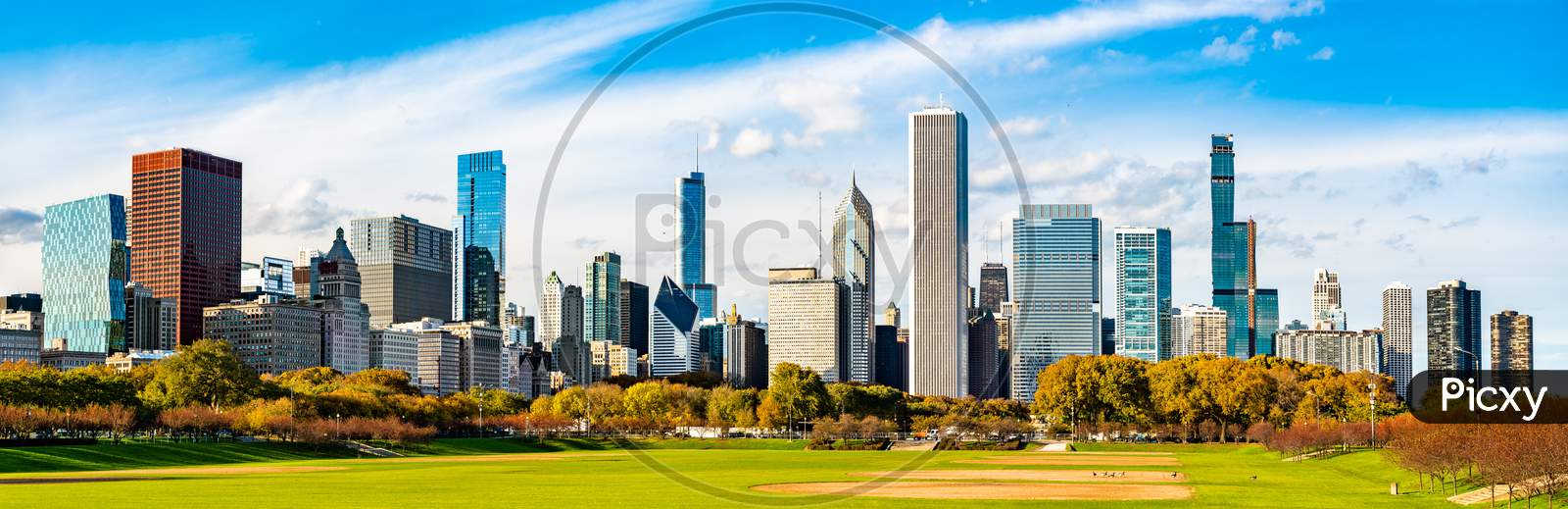 Skyline Of Chicago At Grant Park In Illinois, United States