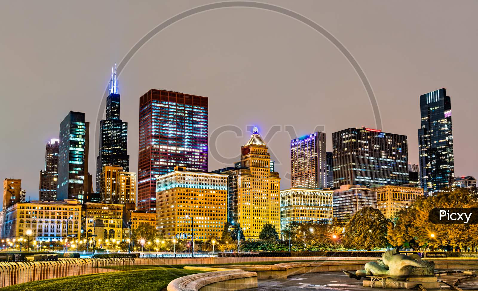 Night Cityscape Of Chicago At Grant Park In Illinois, United States