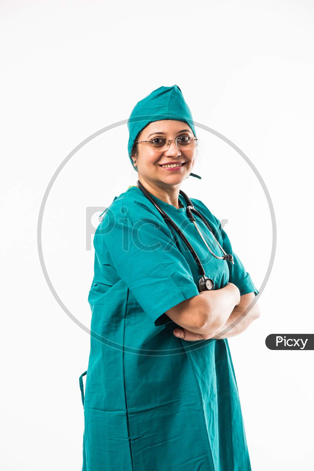 Indian Female surgeon/doctor in green dress and stethoscope