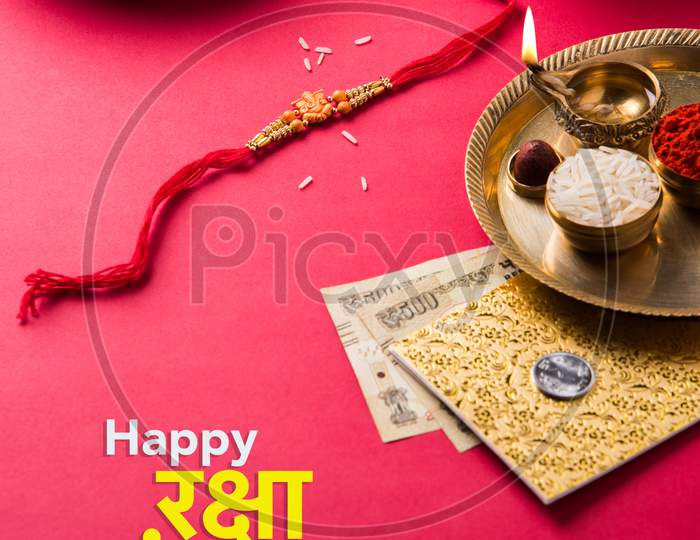 Happy Raksha Bandhan /Rakhi Greeting Card using Designer thread, Diya, Pooja Thali, Gift box, Indian Paper Currency notes and sw
