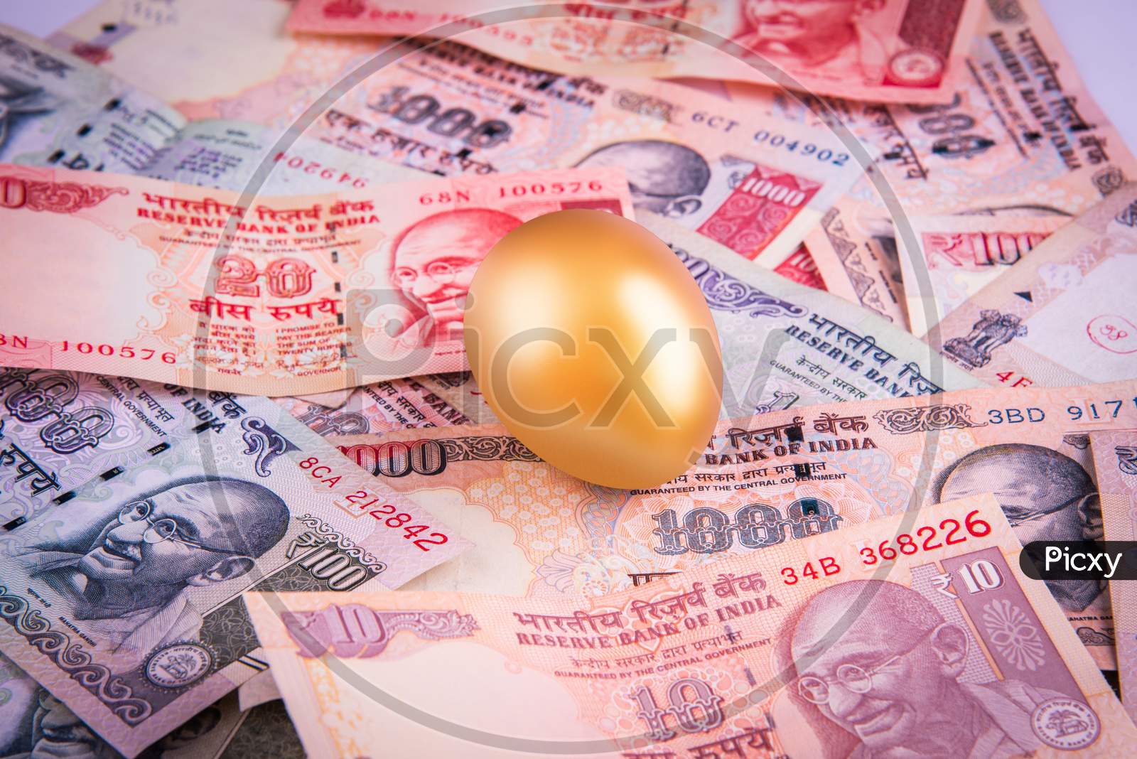 A gold egg on a pile of indian currency notes