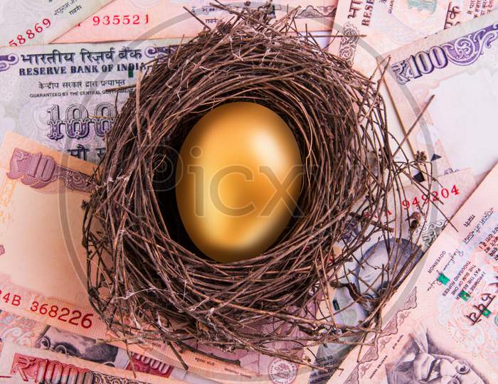 A golden egg sitting in a nest kept over indian currency notes
