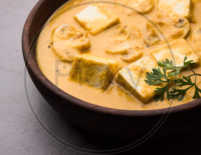 Mushroom Paneer curry or sabzi, served in a bowl. selective focus