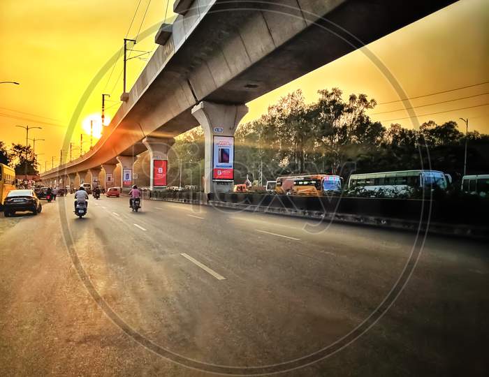 Evening View Of Metro Station In The Hyderabad City