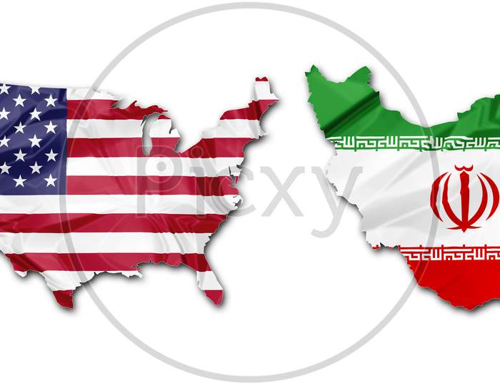 United States And Iran Crisis With Map Flags
