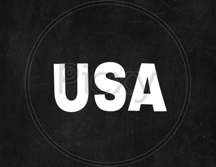 USA name on black background. United States of America name/brand illustration on dark background. USA logo. USA text. USA name on dark background. UNITED STATES OF AMERICA NAME.