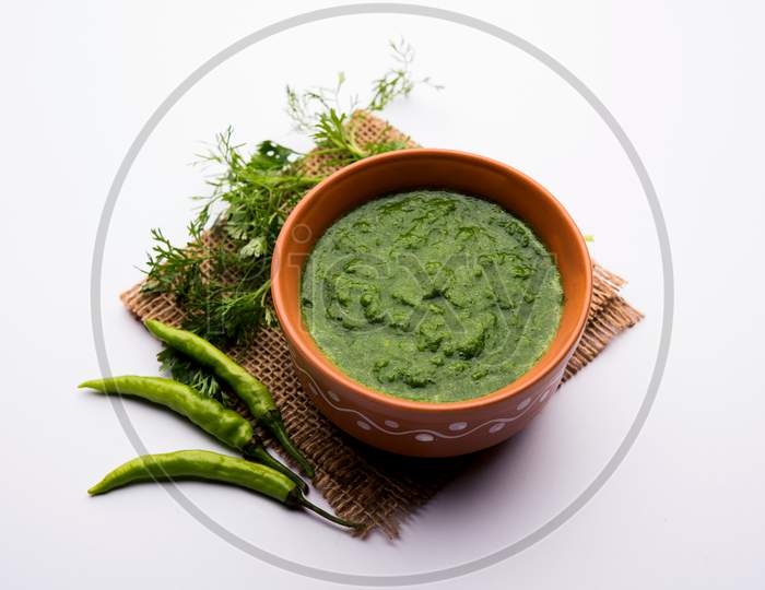 Kothimbir or Dhaniya Chutney made using Cilantro or coriander with chilli