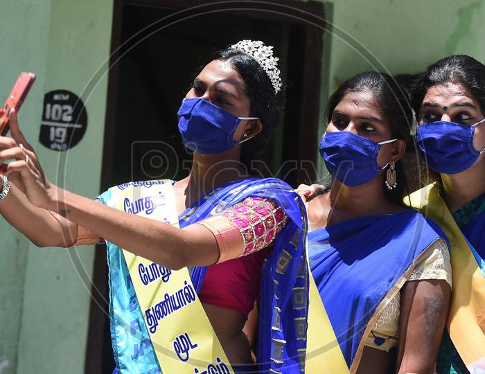 Members of the transgender community participate in a rally to spread awareness about Covid-19 after the authorities eased the restrictions in Chennai on July 8, 2020 about Covid-19 after the authorities eased the restrictions in Chennai on July 8, 2020