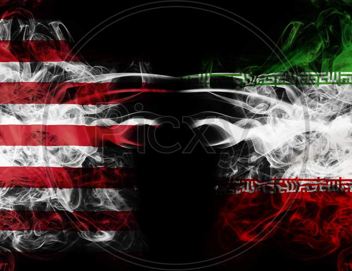 United States And Iran Crisis With Smoky Mystic Flags