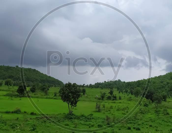 The green plain is visible, the view of the beautiful mountain,