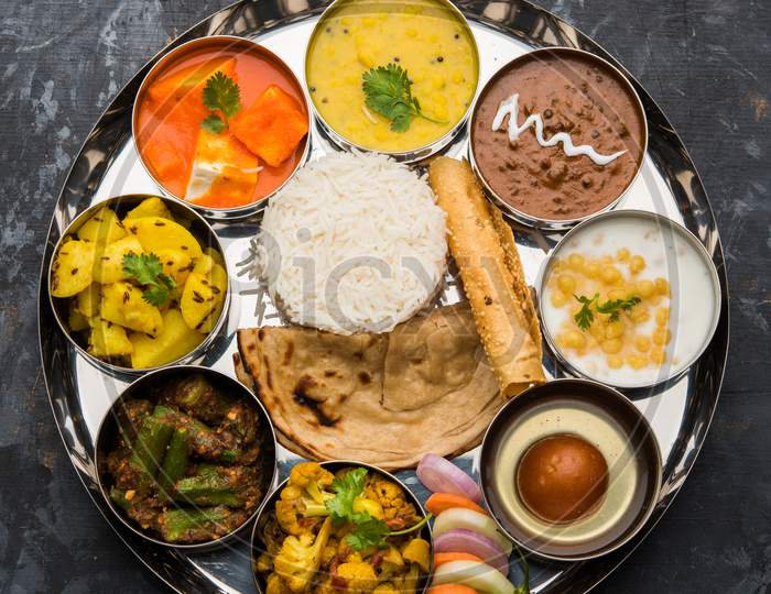 Indian Hindu Veg Thali / food platter, selective focus