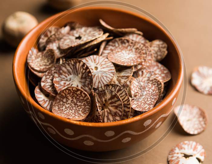 Betel nut chips in a bowl also known as slices of supari in india, used in Paan masala