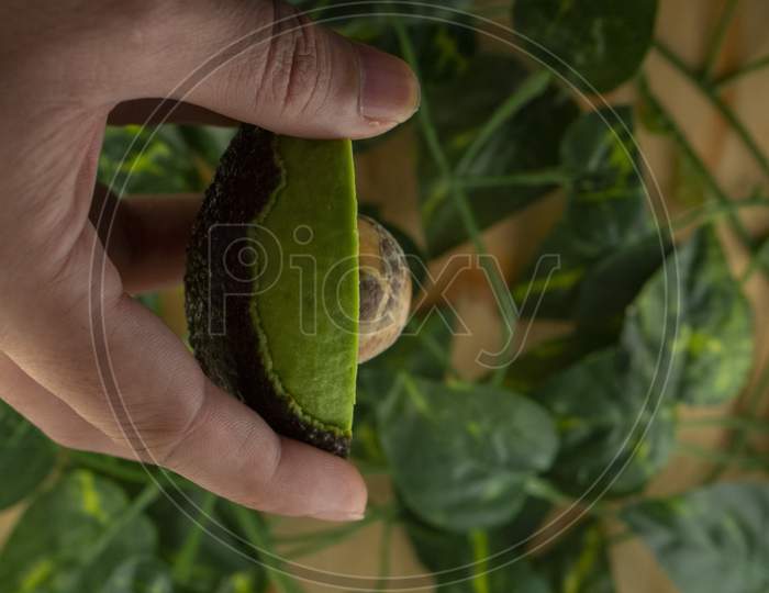 A hand holding a sliced avocado