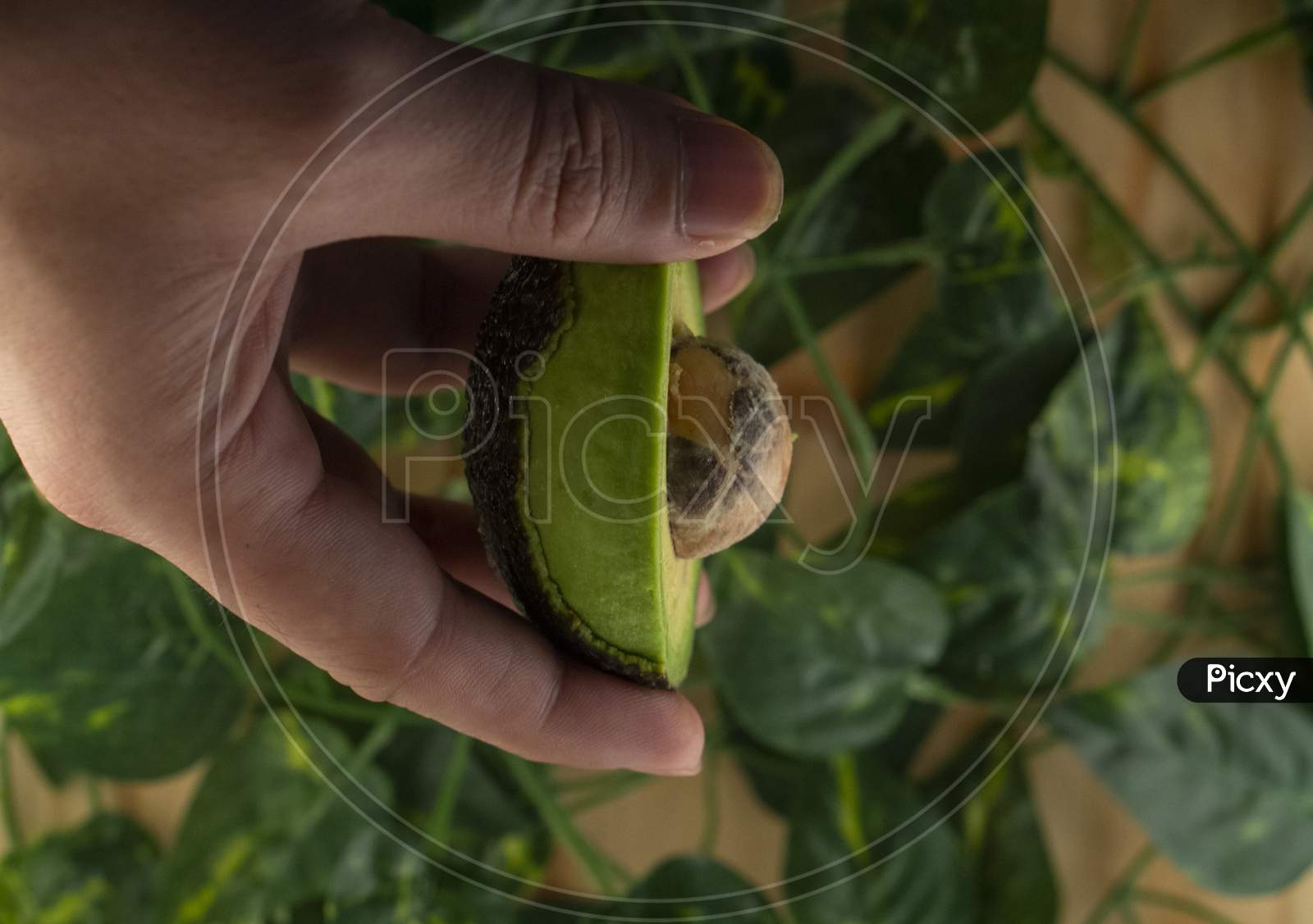A hand holding a sliced avocado with the seed and green leaves