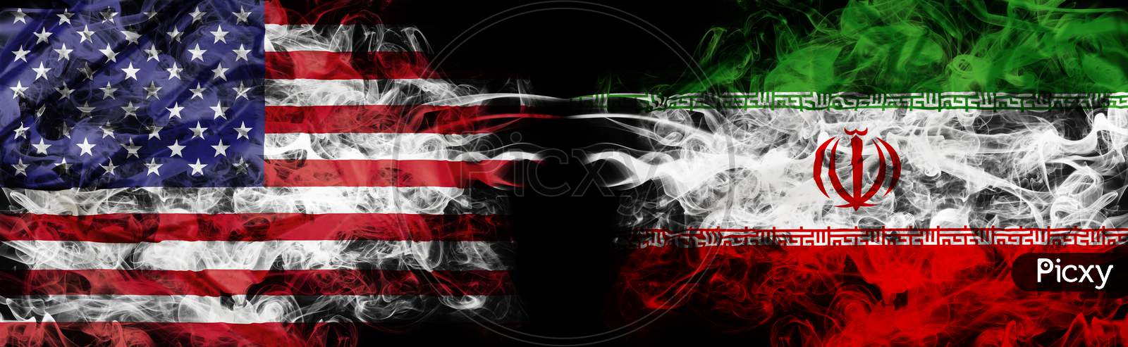 United States And Iran Crisis With Smoky Mystic Flags