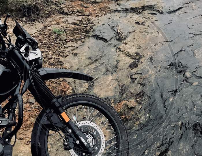 An adventure bike on the rock