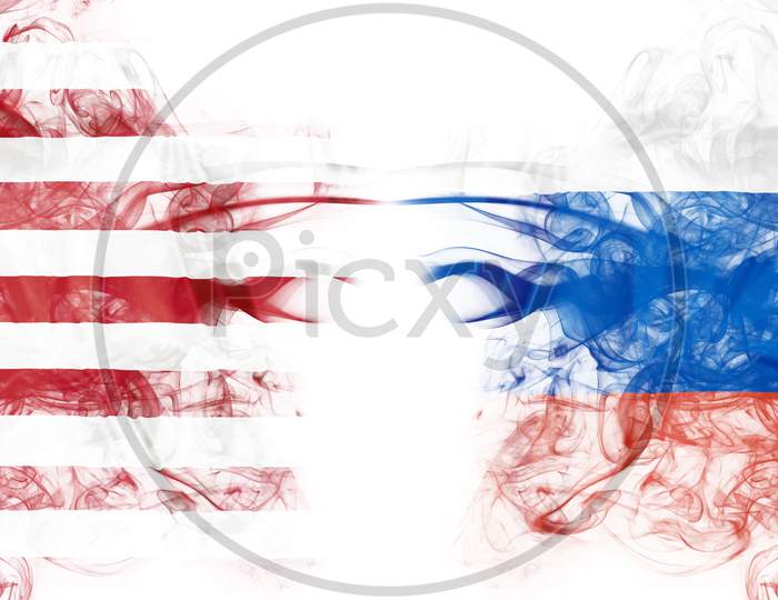 United States And Russia Crisis With Smoky Flags