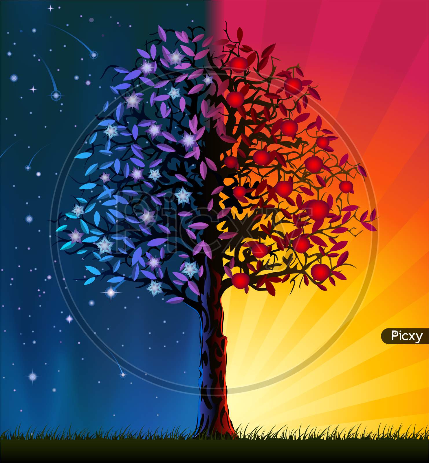 Wonderful Fruite Tree With Multicolor Art On background Illustartion Wallpaper Design