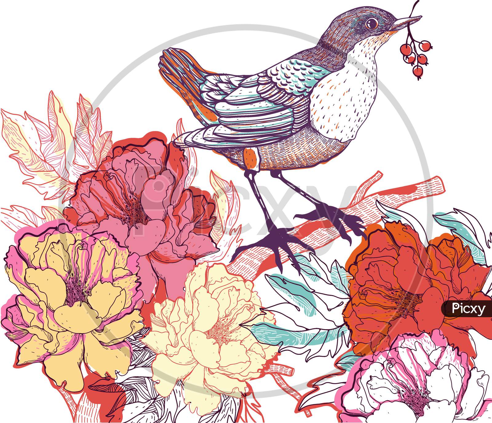 Beautiful Birds And Multicolor Flowers Iluustration Wallpaper design.