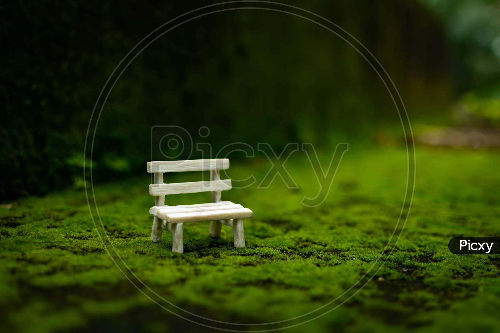 A Toy Park Chair In A Green Grass Surface With Beautiful Blurry Background