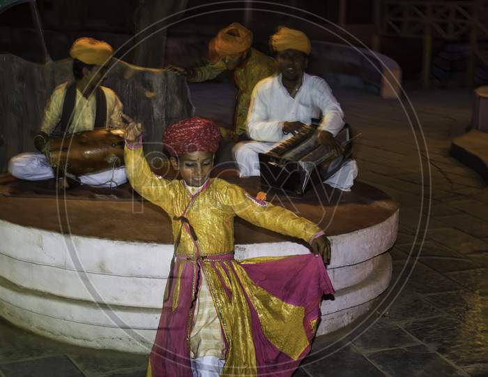 Jaipur, India - October 21, 2012: A Group Of Artist Musician And Dancer Performing Folk Dance Of Rajasthan State.
