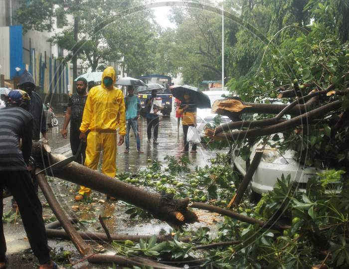 People watch as a man cuts a tree that fell on a car, during heavy rain in Mumbai, India on July 7, 2020.