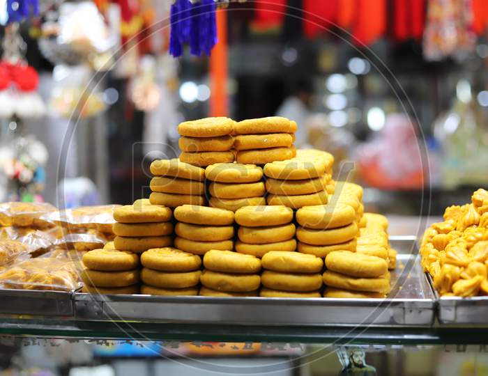 Indian traditional sweets at Asian market place.street food market