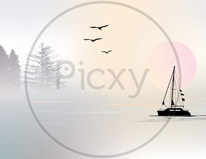 Nice View Of Sea With Sunset Boat Tree And Flying Bird Illustration Wallpaper design.