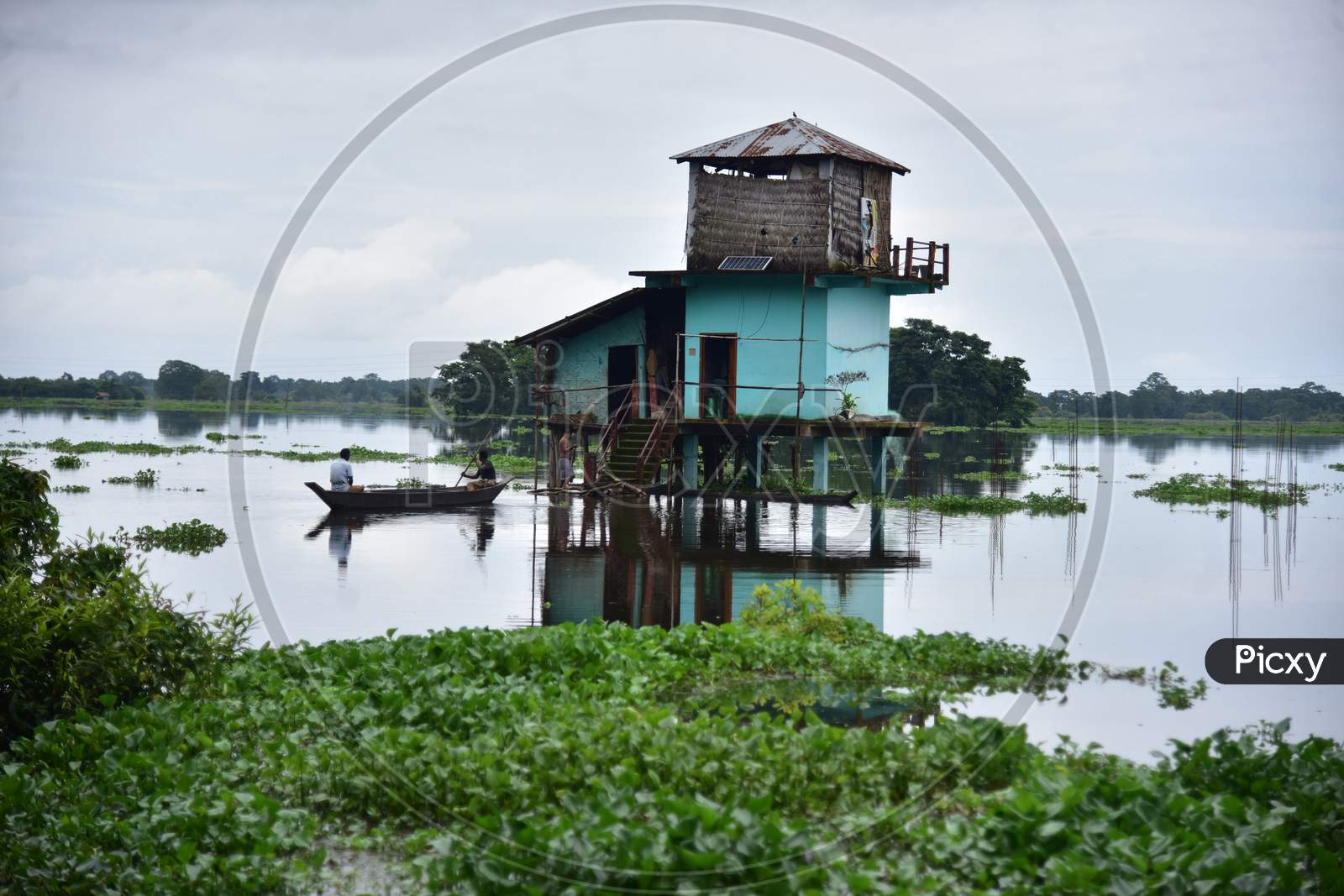 A submerged watchtower stands in Kaziranga National Park in Nagaon which got flooded due to the recent rains in Nagaon, Assam on July 12, 2020