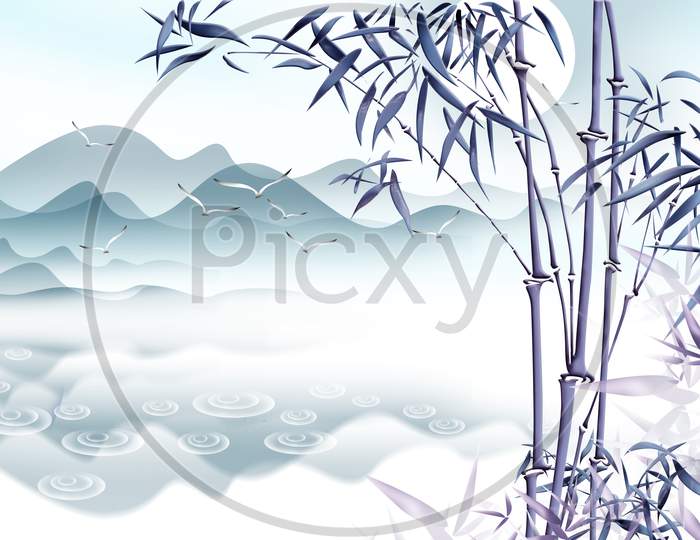 Beautiful bamboo Plant With White Sky And Rocks 3d illustration Wallpaper Design.