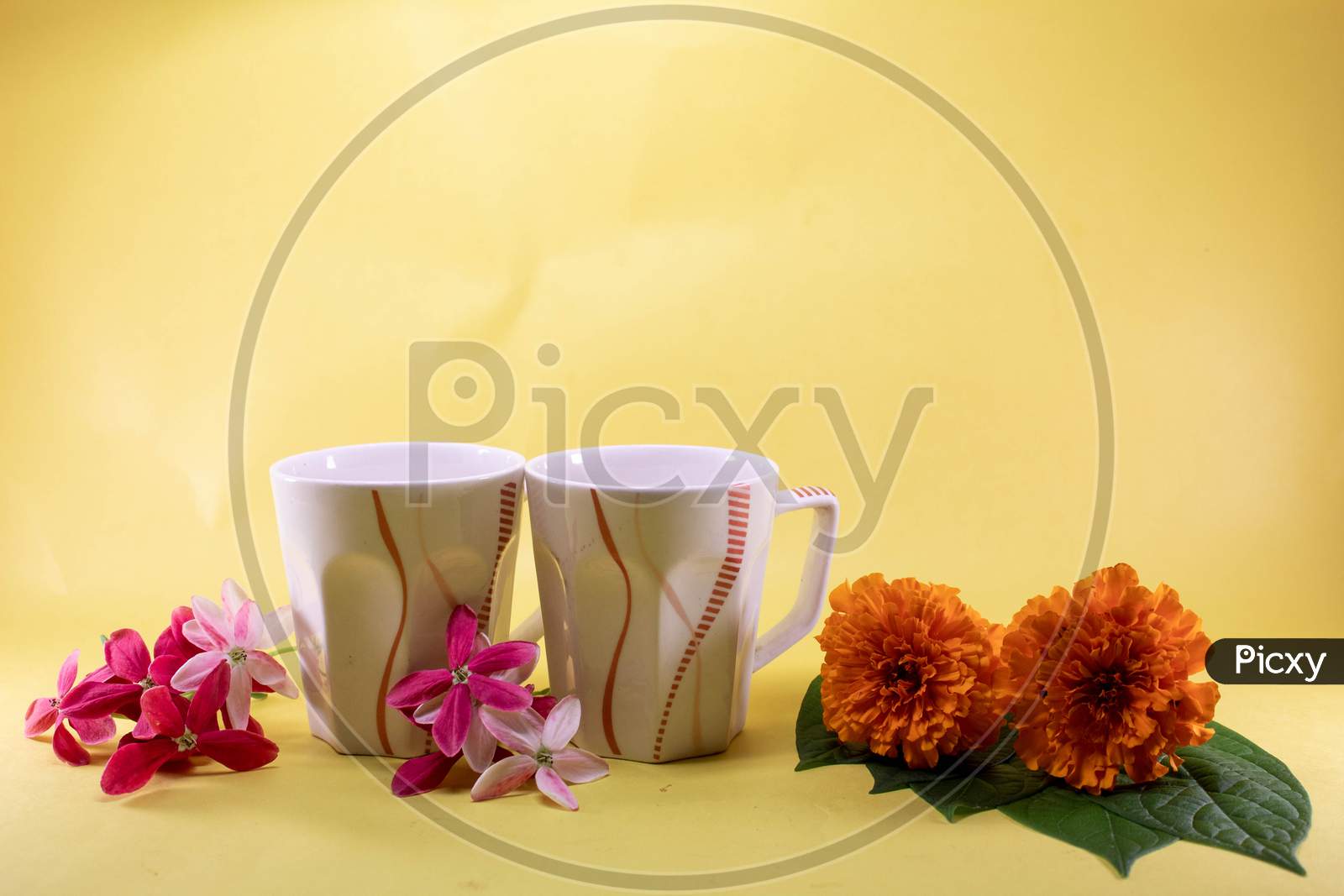 Morning Tea or coffee cup with flowers and leaves
