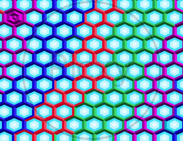 3d hexagon illustration multicolor grid pattern. Abstract 3d rendering background of futuristic surface with hexagons. Hexagonal grid background with modern style texture.