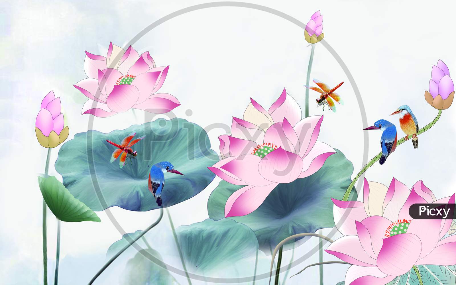 Beautiful Pink Flowers Plant With birds And Bee 3d Illustartion Wallpaper Design.