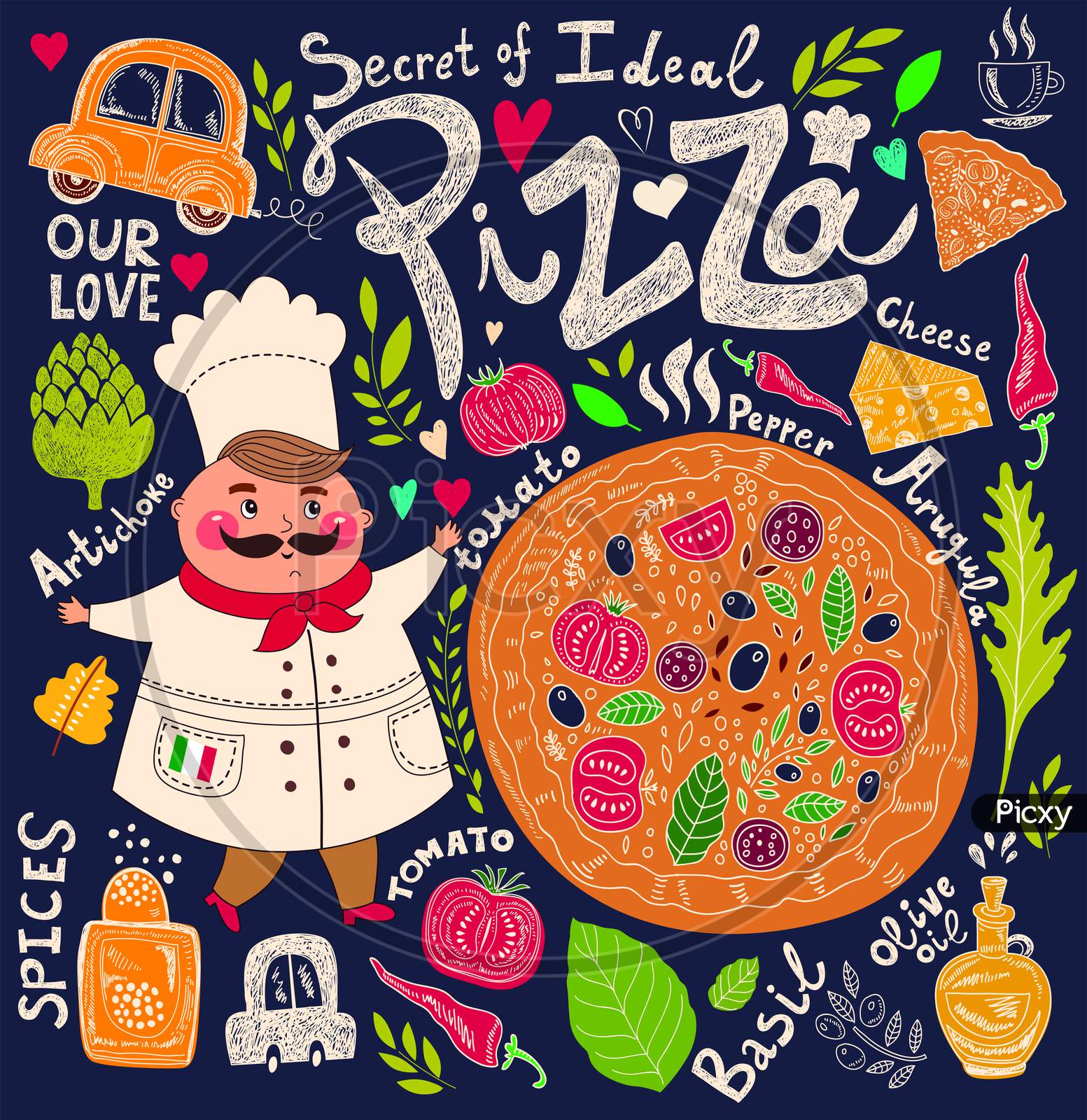 Pizza Item Text And Stuff With Background Illustration Wallpaper Design.