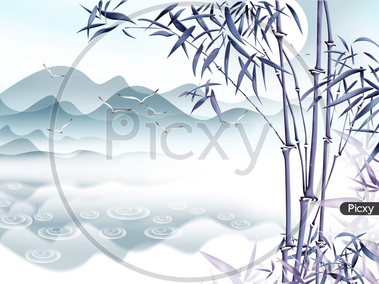 Beautiful bamboo Plant With White Sky And Rocks 3d illustration Wallpaper Design.