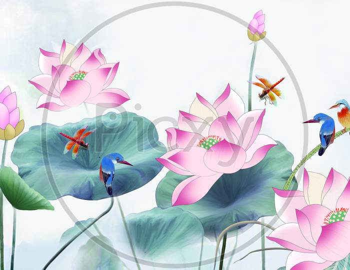 Beautiful Pink Flowers Plant With birds And Bee 3d Illustartion Wallpaper Design.