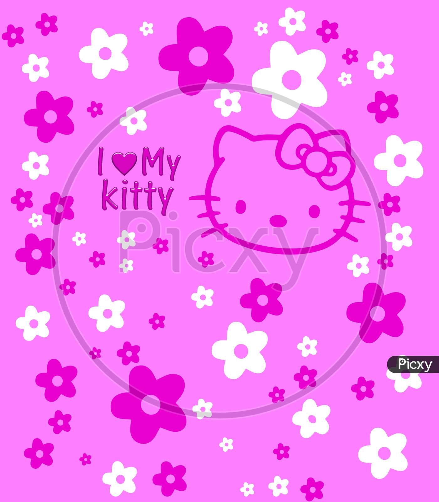 Cute Pink And White Flowers With Kitty With I Love My Kitty Text On Pink Background Illustration Wallpaper Design