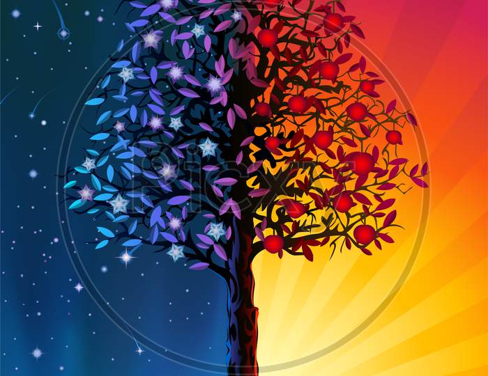 Wonderful Fruite Tree With Multicolor Art On background Illustartion Wallpaper Design