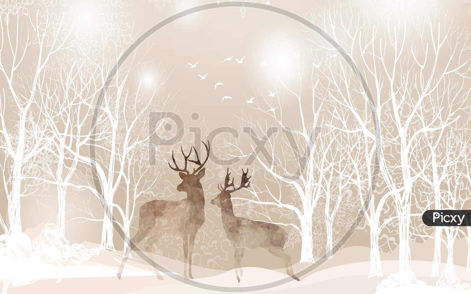 Beautiful White Tree Forest With Dear And Birds Illustration Wallpaper Design.