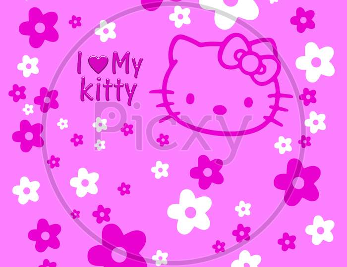 Cute Pink And White Flowers With Kitty With I Love My Kitty Text On Pink Background Illustration Wallpaper Design