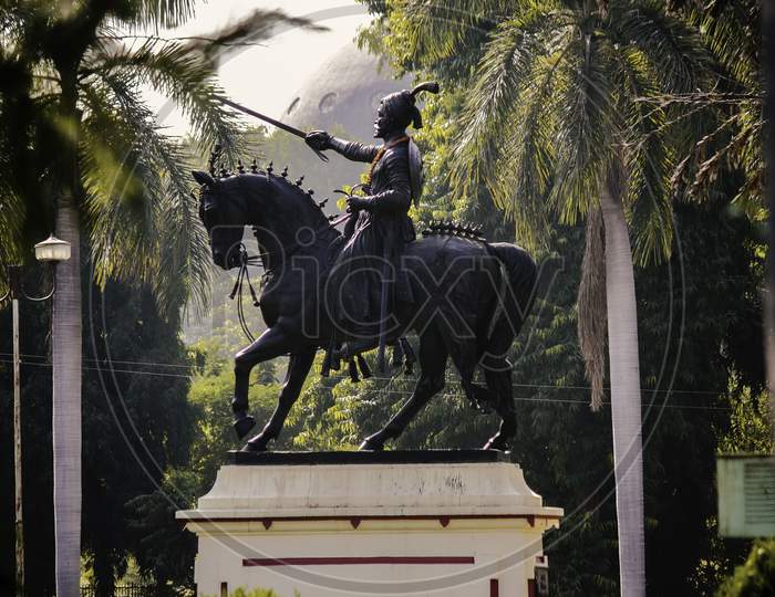 A Statue Monument Of Shivaji On A Horse In Gujrat State In India