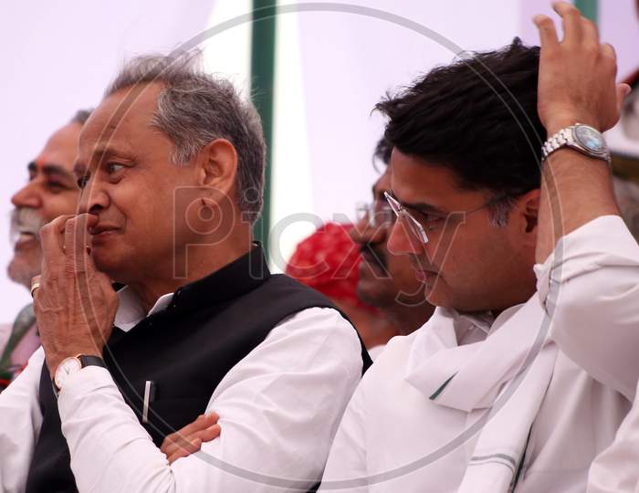 Ashok Gehlot, Rajasthan Chief Minister, and Sachin Pilot, Deputy Chief Minister participate in a campaign rally ahead of the National Elections in Pushkar, Rajasthan on April 16, 2019