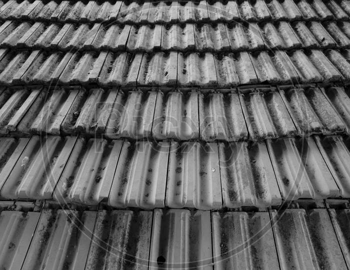 Black And White Image Of Old Terracotta Roof Tiles