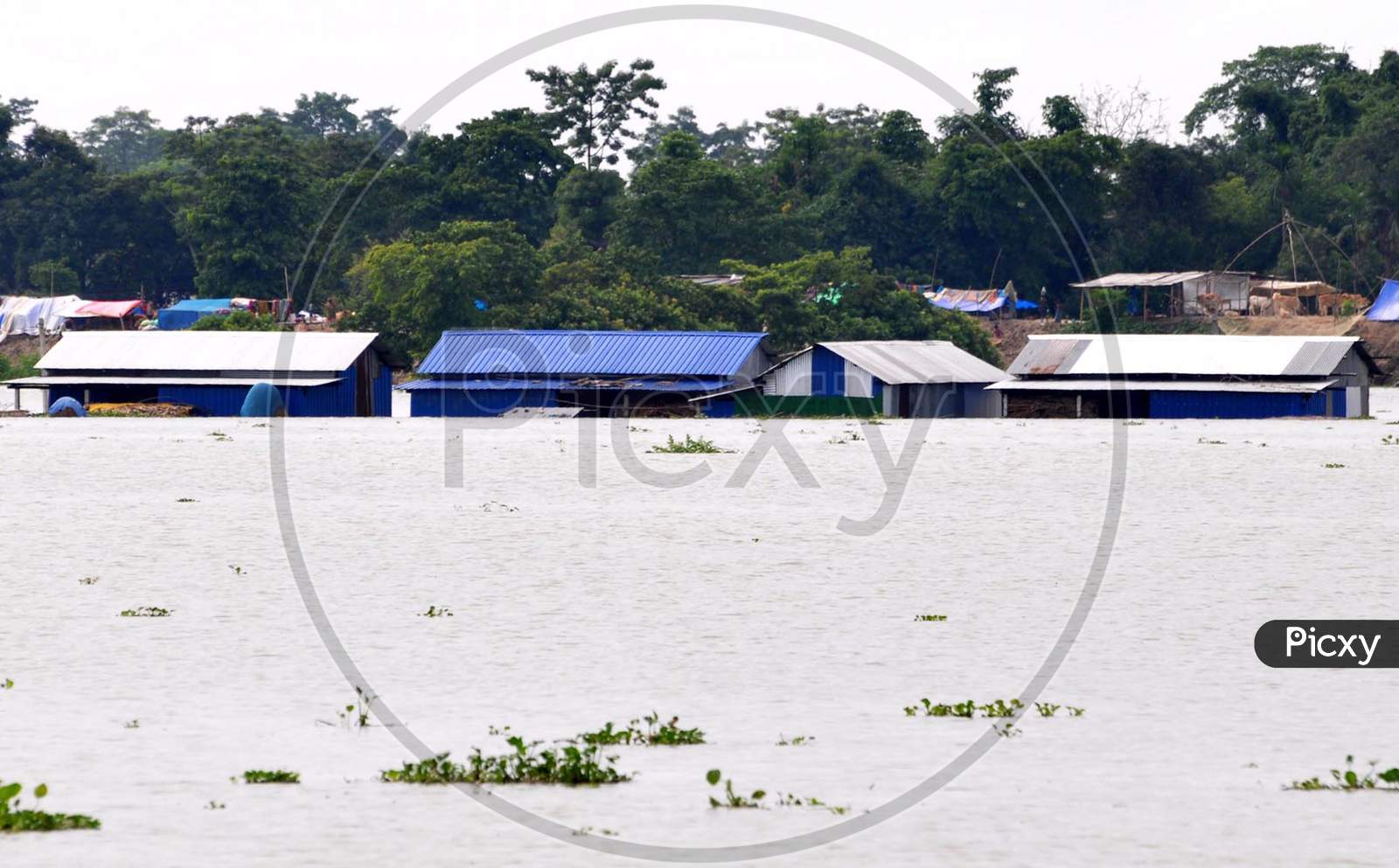A view of a submerged village in the flood-affected regions of Morigaon, Assam on July 14, 2020